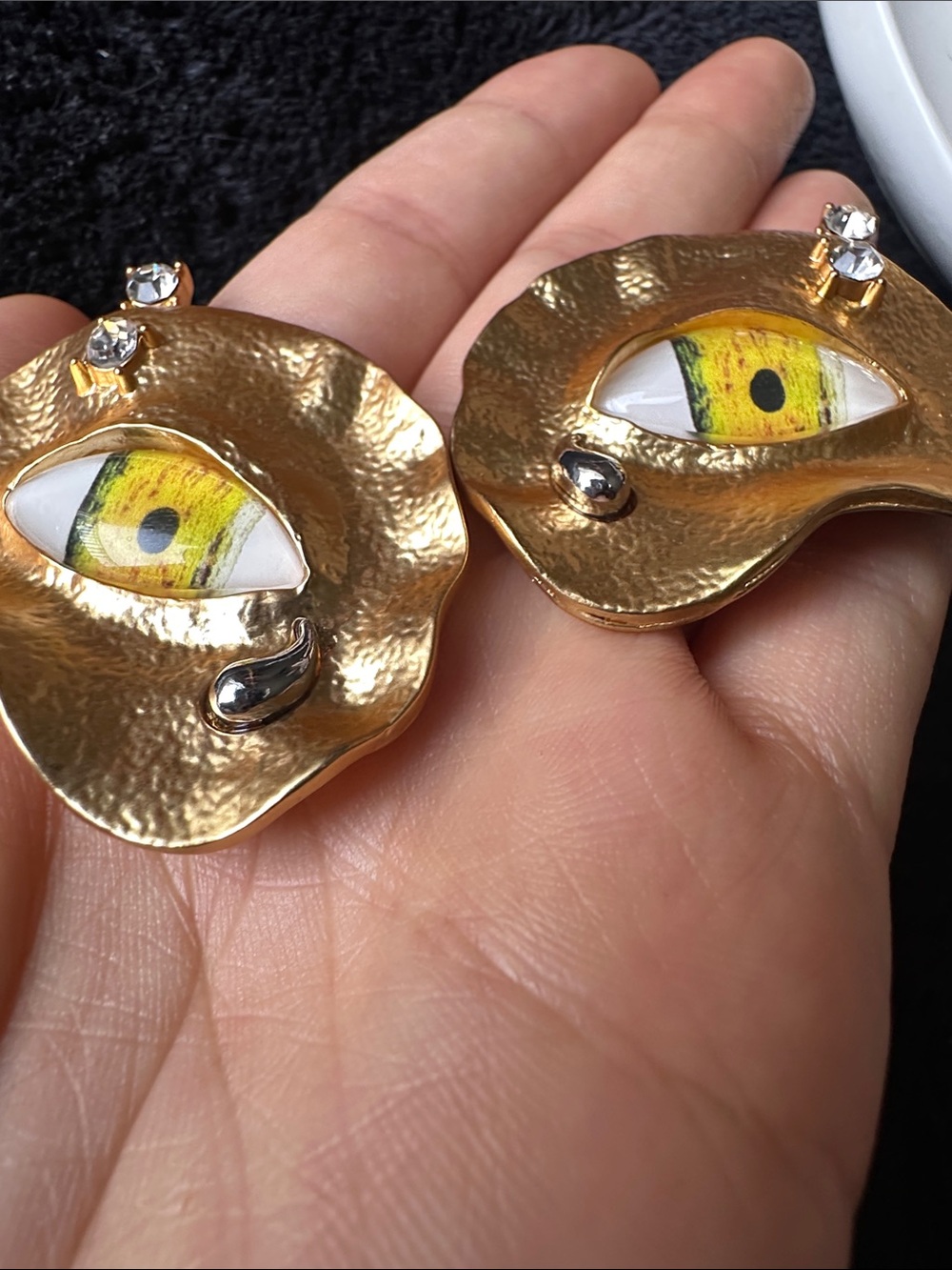 Gold Textured Eye Drop Earrings with Yellow Accent - Picture 6 of 7